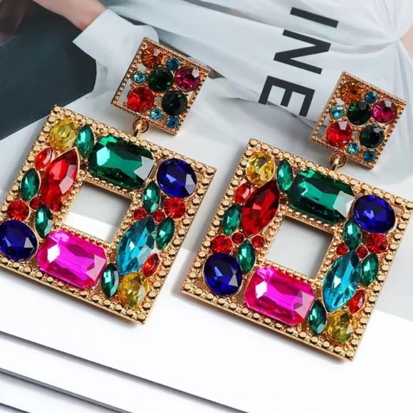 Gold and Colorful lux Gemstone Square Earrings unique - Picture 12 of 12